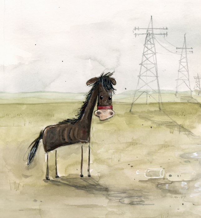 watercolour and acrylic illustration of a sad abandoned horse on some waste land